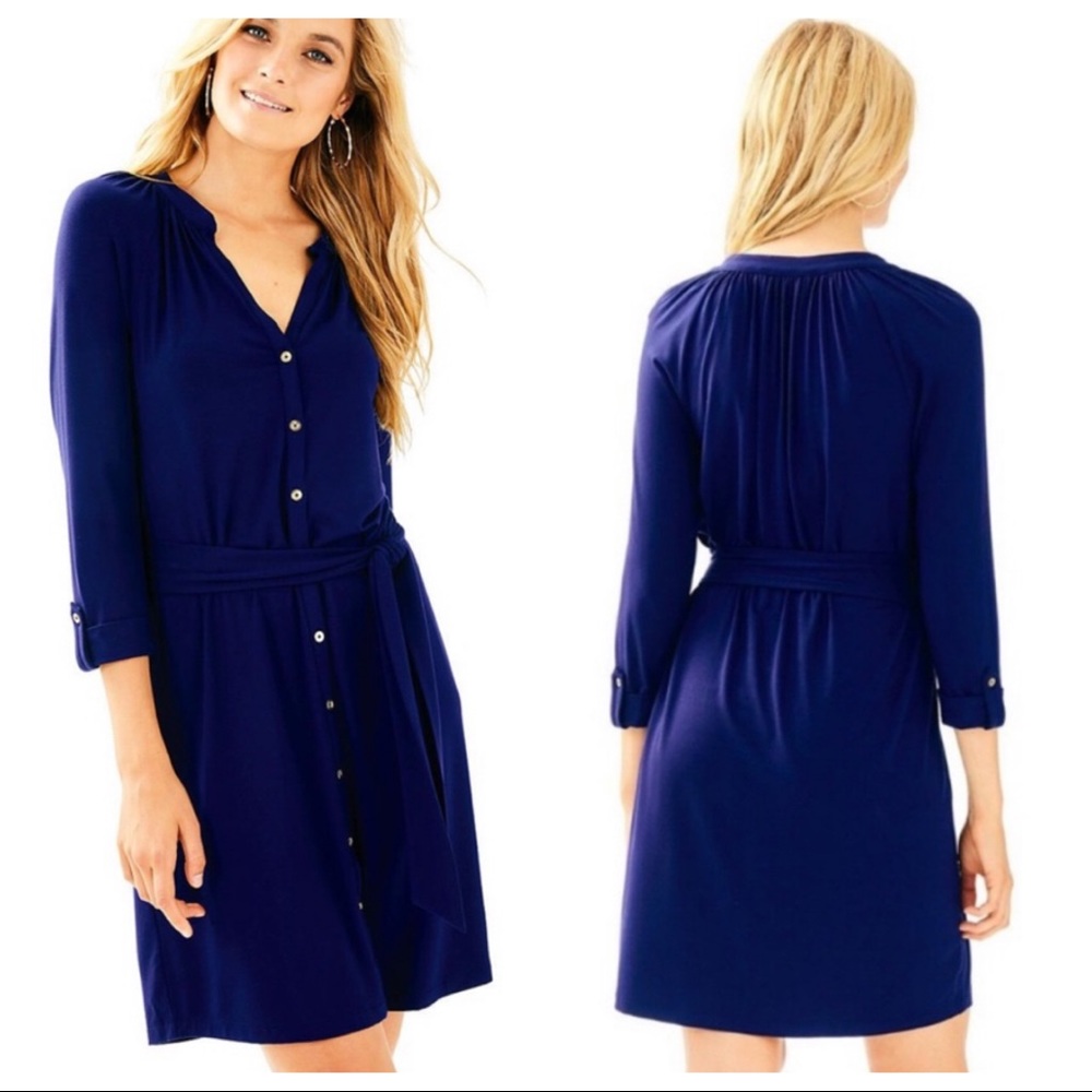 Lilly Pulitzer Bailor Shirt Dress Tie Waist Navy Blue Jersey  Button Front Sz S